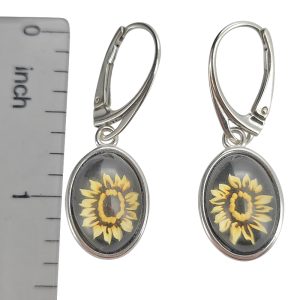 Sunflower Cameo Amber Silver Hook Earrings