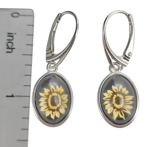 Sunflower Cameo Amber Silver Hook Earrings