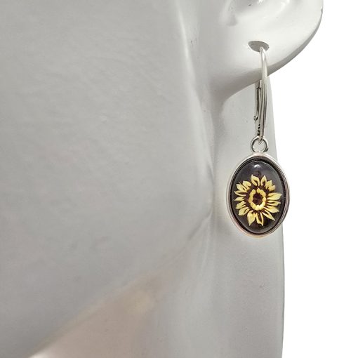 Sunflower Cameo Amber Silver Hook Earrings - Image 2