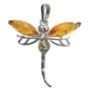 Multi-Color Amber Sterling Silver Dragonfly Pendant