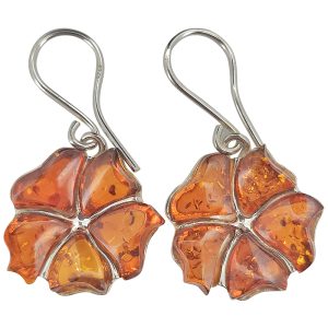 Cognac Amber Sterling Silver Flower Earrings On Hooks