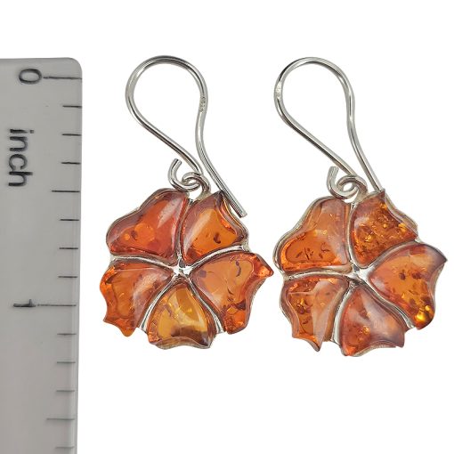 Cognac Amber Sterling Silver Flower Earrings On Hooks