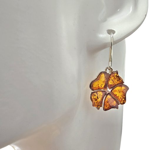Cognac Amber Sterling Silver Flower Earrings On Hooks - Image 2