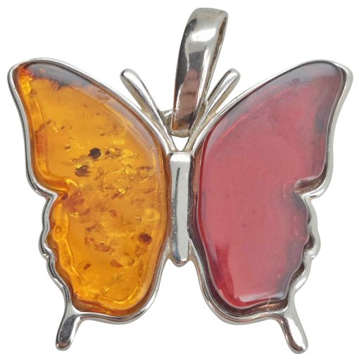 Multi-Color Amber Sterling Silver Butterfly Pendant