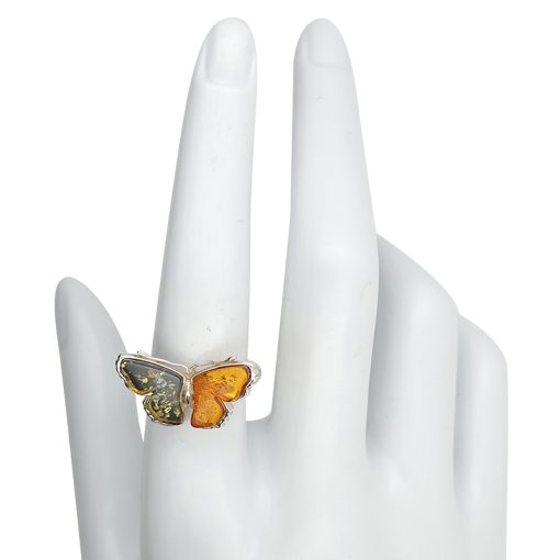 Multi Color Amber Sterling Silver Butterfly Adjustable Ring - Image 3