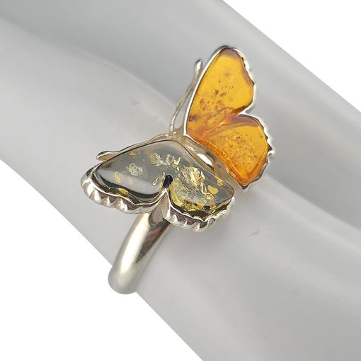 Multi Color Amber Sterling Silver Butterfly Adjustable Ring - Image 2