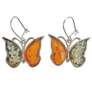 Multi-Color Amber Sterling Silver Butterfly Earrings On Hooks