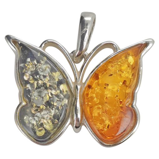 Multi Color Amber Sterling Silver Butterfly Pendant