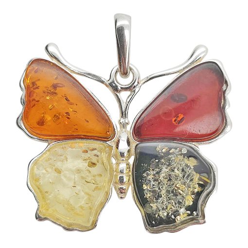 Multi-Color Amber Sterling Silver Butterfly Pendant