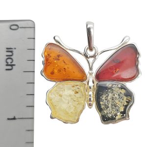 Multi-Color Amber Sterling Silver Butterfly Pendant
