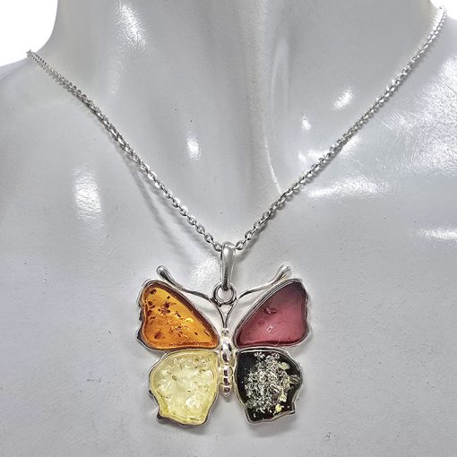 Multi Color Amber Sterling Silver Butterfly Pendant - Image 2