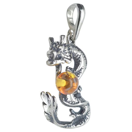 Cognac Color Amber Sterling Silver Dragon Pendant - Image 4
