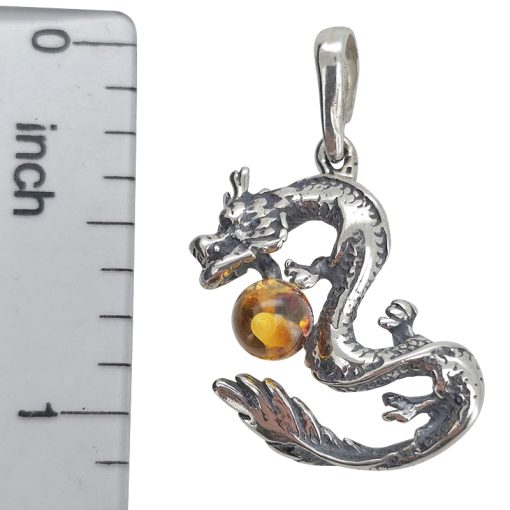 Cognac Color Amber Sterling Silver Dragon Pendant - Image 3
