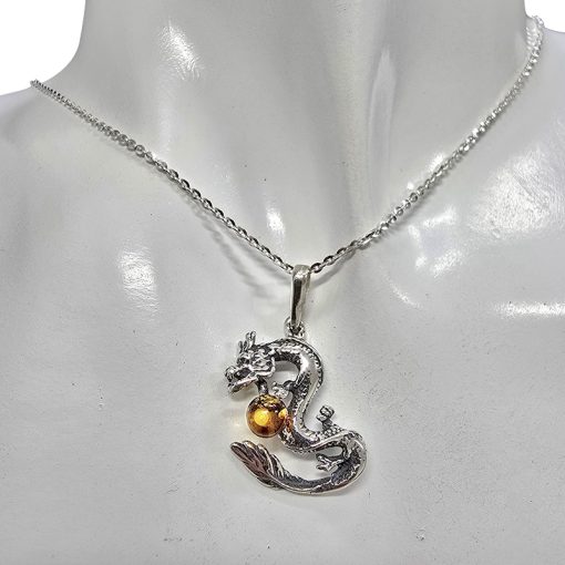 Cognac Color Amber Sterling Silver Dragon Pendant - Image 2