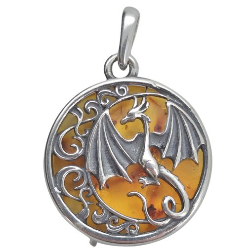 Cognac Amber Sterling Silver Dragon Pendant