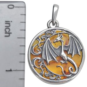 Cognac Amber Sterling Silver Dragon Pendant