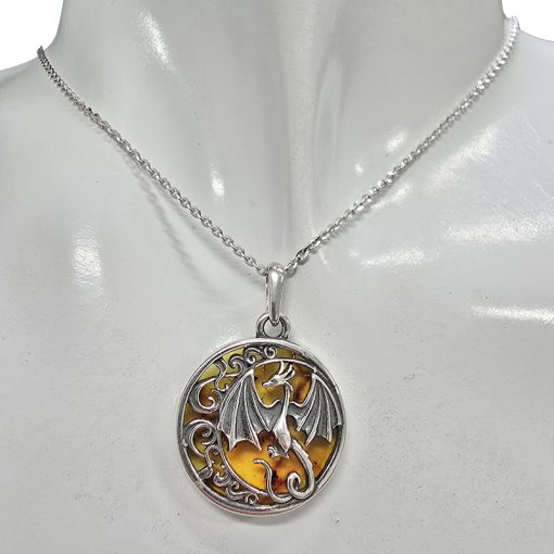 Cognac Amber Sterling Silver Dragon Pendant - Image 2