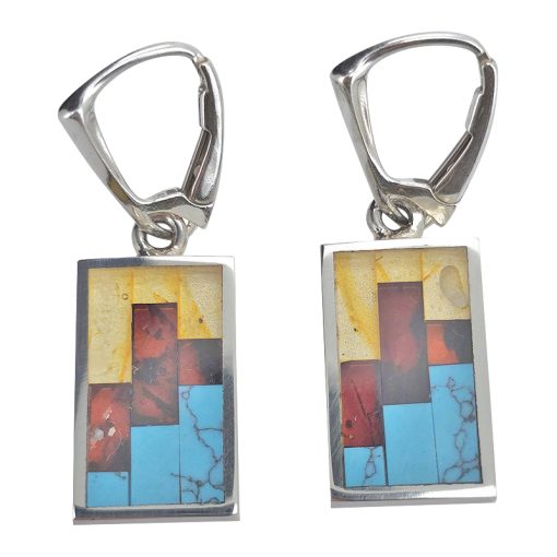 Mosaic Multi-Color Amber/Pressed Turquoise  Silver Earrings