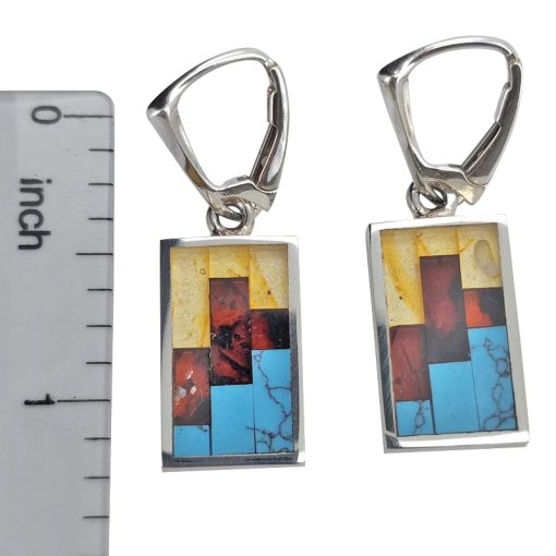Mosaic Multi-Color Amber/Pressed Turquoise  Silver Earrings - Image 3