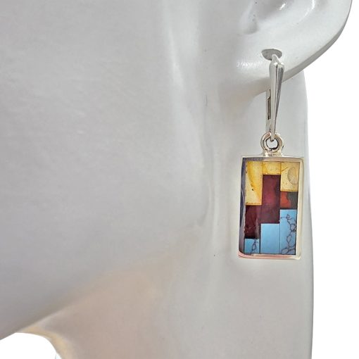 Mosaic Multi-Color Amber/Pressed Turquoise  Silver Earrings - Image 2