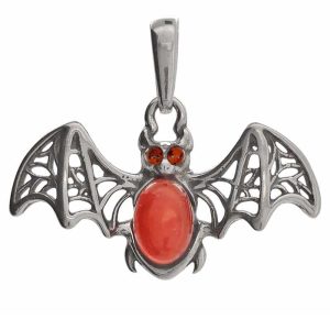 Cherry Amber Sterling Silver Bat Pendant