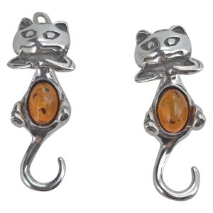 Cognac Amber Sterling Silver Cat Post Dangle Earrings