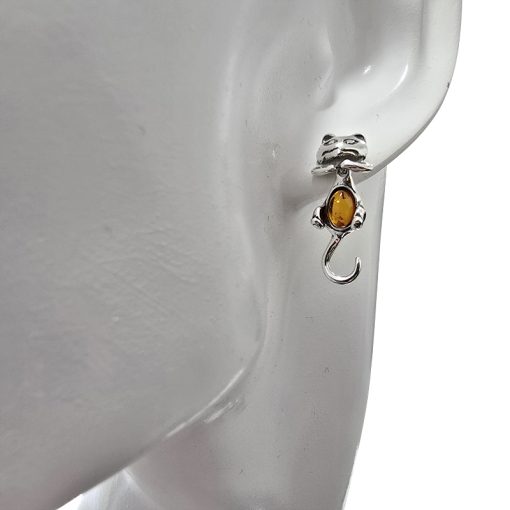Cognac Amber Sterling Silver Wiggling Cat Post Dangle Earrings - Image 2