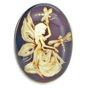 Fairy And Dragonflies Cameo Amber / Silver Adjustable Ring