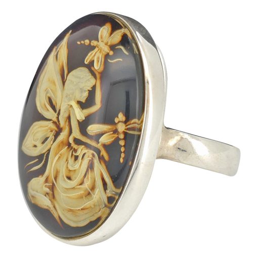 Fairy And Dragonflies Cameo Amber / Silver Adjustable Ring - Image 3