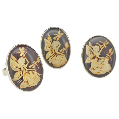 Fairy And Dragonflies Cameo Amber / Silver Adjustable Ring - Image 4