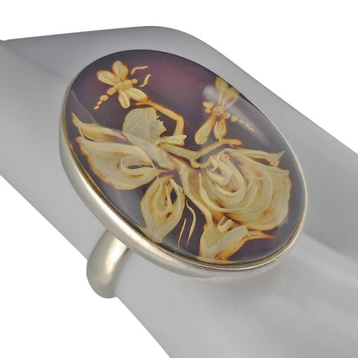 Fairy And Dragonflies Cameo Amber / Silver Adjustable Ring - Image 2