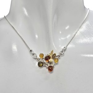 Amber Sterling Silver Hummingbird in Branches Necklace