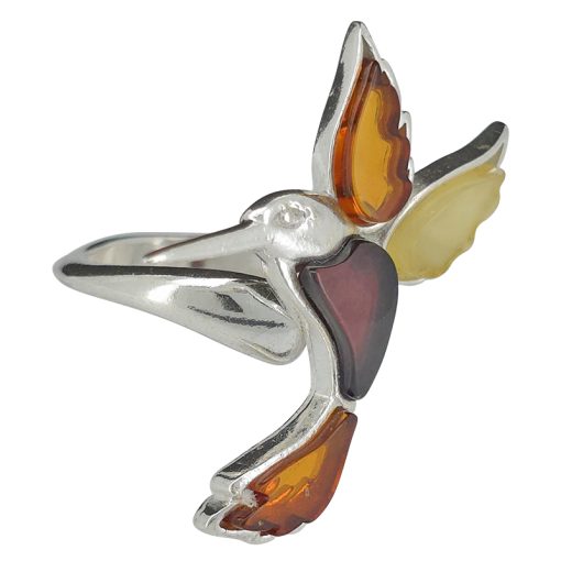 Multi-Color Amber Sterling Silver Hummingbird Adjustable Ring