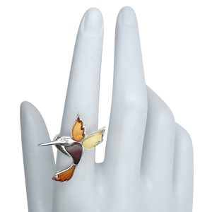 Multi-Color Amber Sterling Silver Hummingbird Adjustable Ring