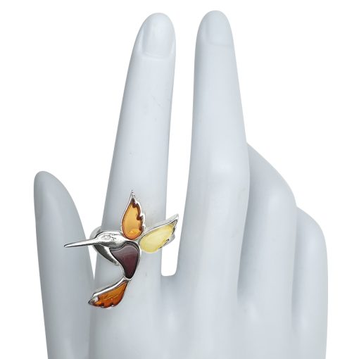 Multi-Color Amber Sterling Silver Hummingbird Adjustable Ring