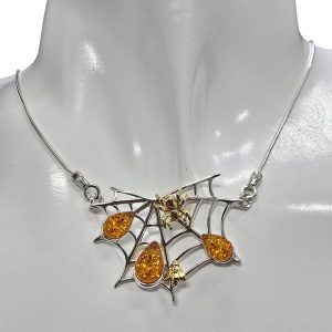 Cognac Amber Sterling Silver Spider On Web Necklace