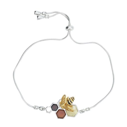 Amber Gold Plated Silver Bee on Honeycomb Slider/Adjustable Bracelet