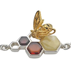Amber Gold Plated Silver Bee on Honeycomb Slider/Adjustable Bracelet