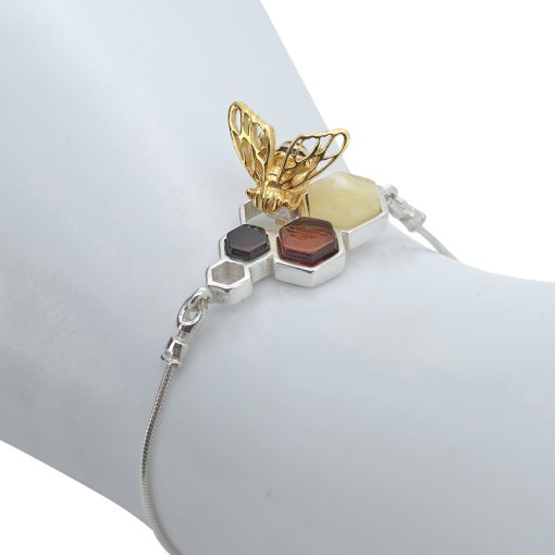 Amber Gold Plated Silver Bee on Honeycomb Slider/Adjustable Bracelet - Image 2
