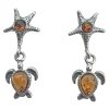 Amber Sterling Silver Starfish and Sea Turtle Post Dangle Earrings