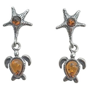 Amber Sterling Silver Starfish and Sea Turtle Post Dangle Earrings