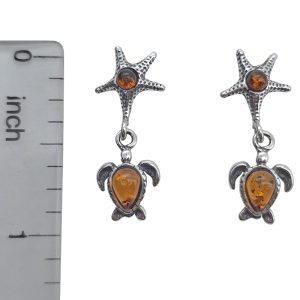 Amber Sterling Silver Starfish and Sea Turtle Post Dangle Earrings