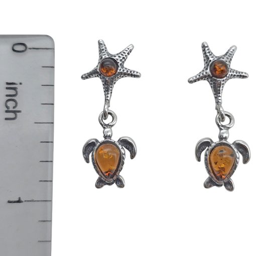 Amber Sterling Silver Starfish and Sea Turtle Post Dangle Earrings