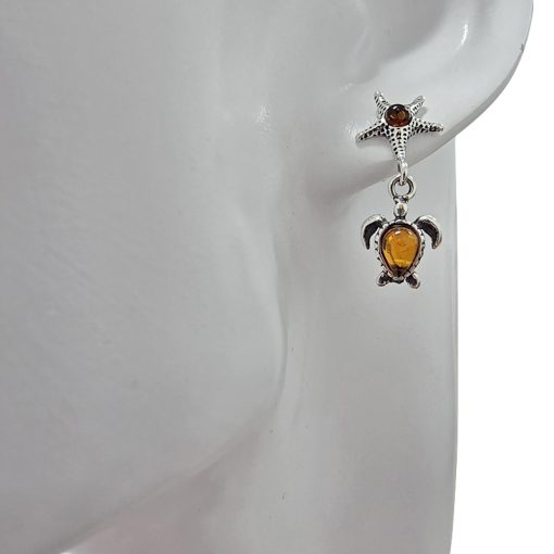 Amber Sterling Silver Starfish and Sea Turtle Post Dangle Earrings - Image 2