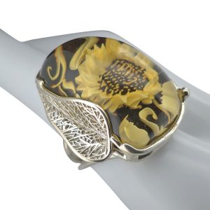 Sunflower Amber Cameo Sterling Silver Adjustable Ring