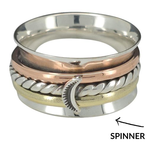 Silver, Brass And Copper Spinner Moon Anxiety Ring