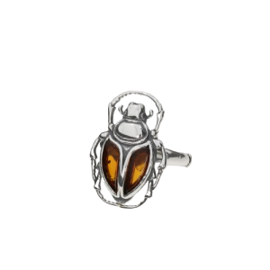 Cognac Amber Sterling Silver Scarab Adjustable Ring