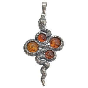 Cognac Amber Oxidized Sterling Silver Snake Pendant