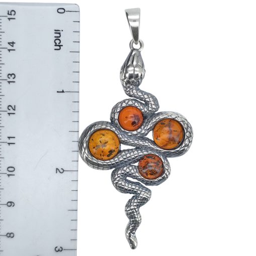 Cognac Amber Oxidized Sterling Silver Snake Pendant