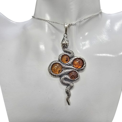 Cognac Amber Oxidized Sterling Silver Snake Pendant - Image 2